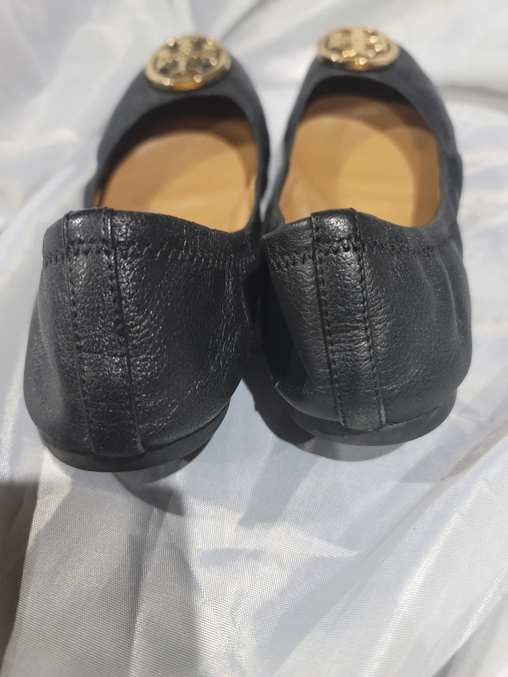 Tory Burch Black Leather Reva Ballet Flats Gold Logo Size 10